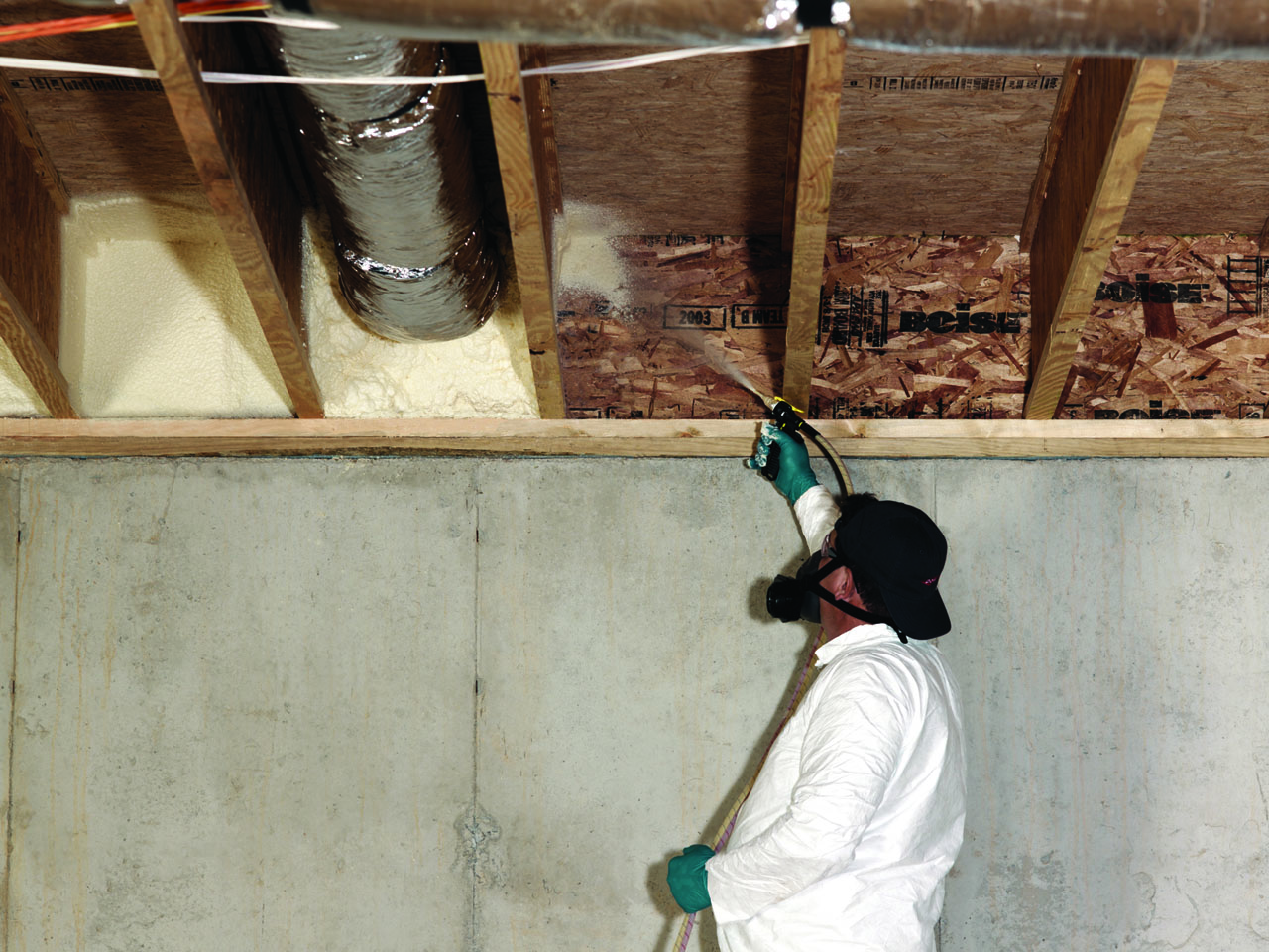 polyurethane spray foam insulation being applied