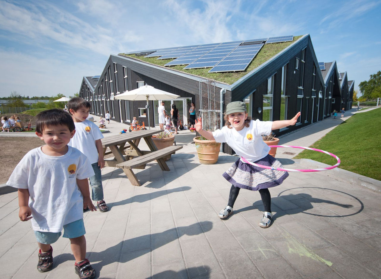 Solar panels and green roof of the Active House Exterior