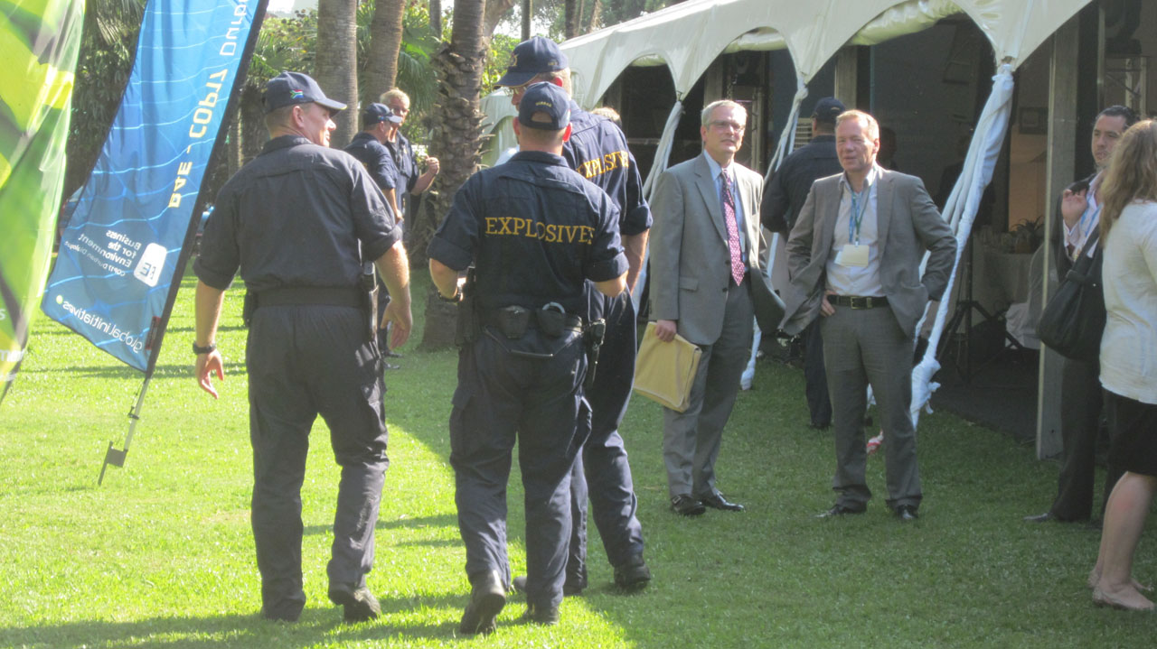 The bomb squad does a sweep at the Business for Environment meeting prior to Secretary Ki-Moon’s arrival.