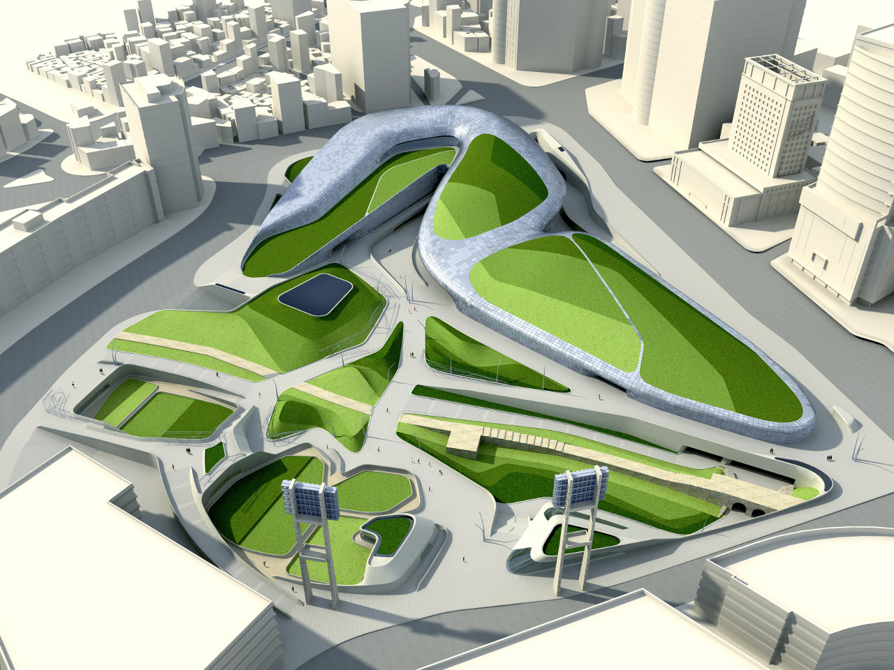 Zaha Hadid's Dongdaemun Design Park and Plaza rendering of the green roof