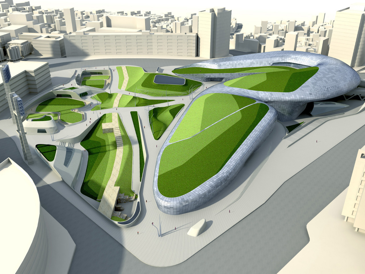 Zaha Hadid's Dongdaemun Design Park and Plaza green roof rendering