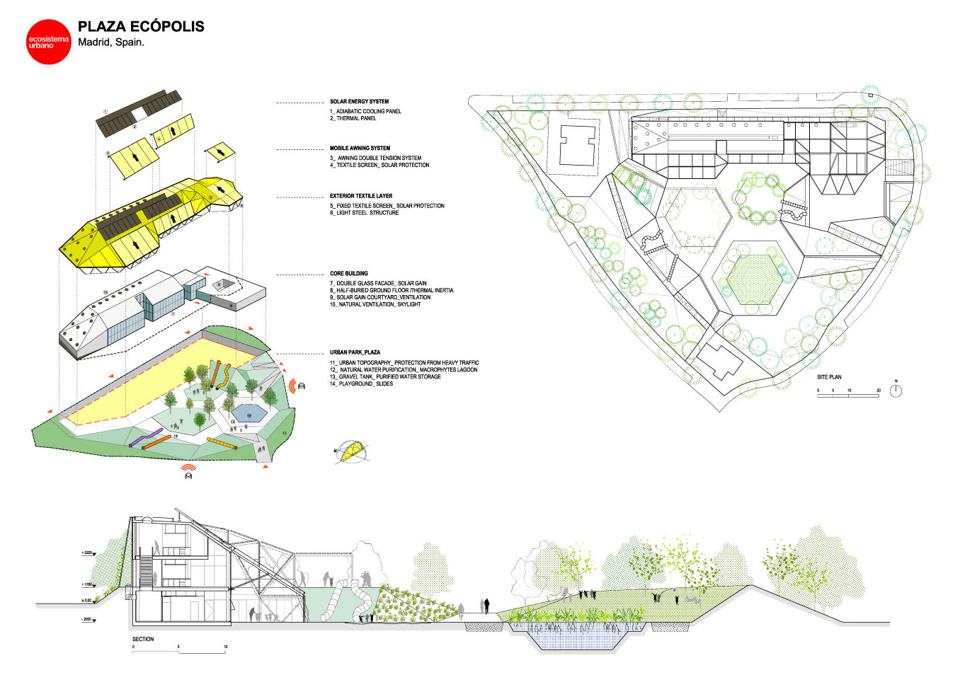 Site plans and drawings of the Exopolis Plaza by Ecosistema Urbano