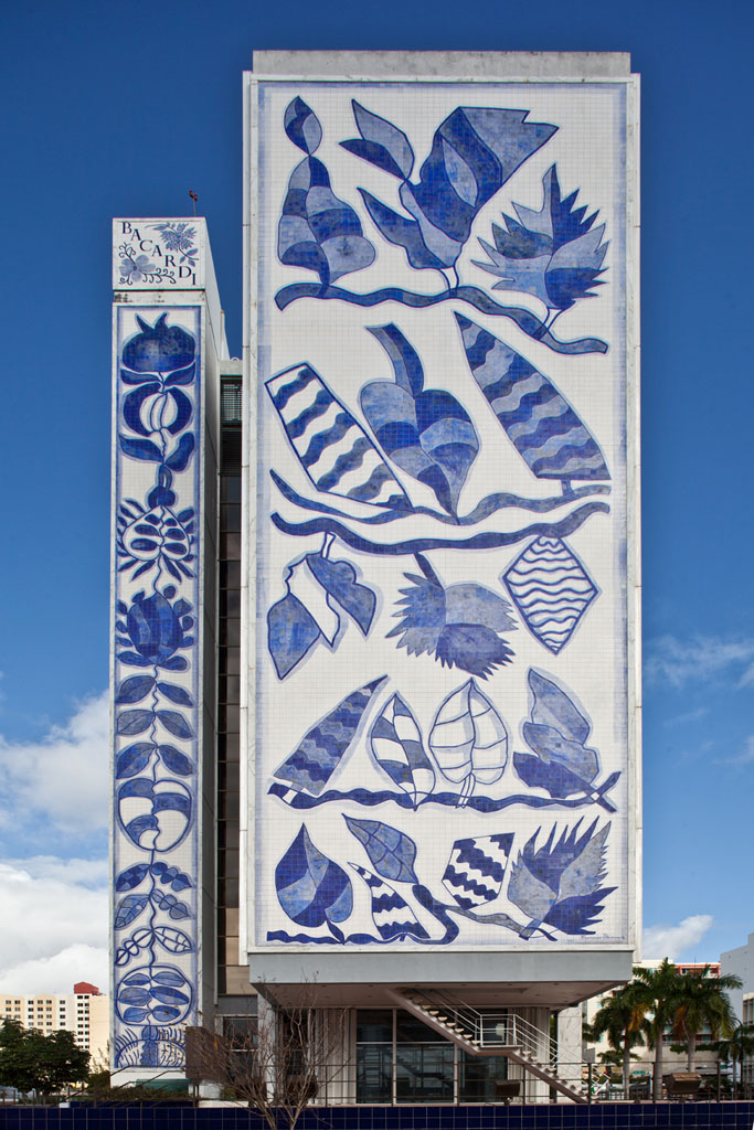 The Bacardi Building's facade composed of blue and white tile murals