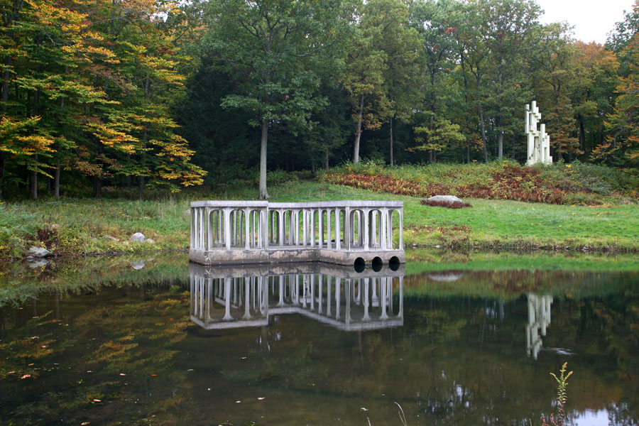 The Lakeside Pavilion with the Kirstein Tower in the background at architect Philip Johnson's iconic Glass House estate.
