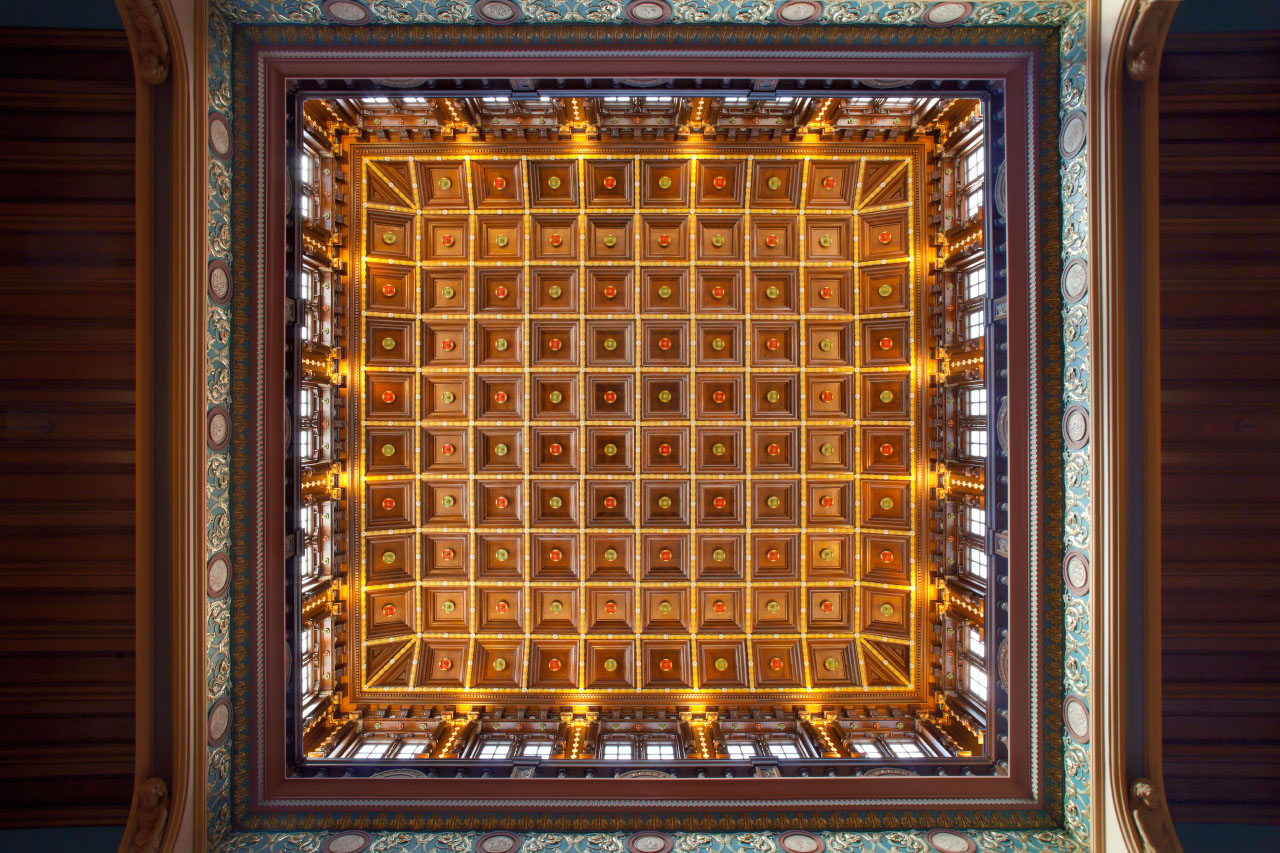 The Julia Ideson building restored painted coffered ceiling