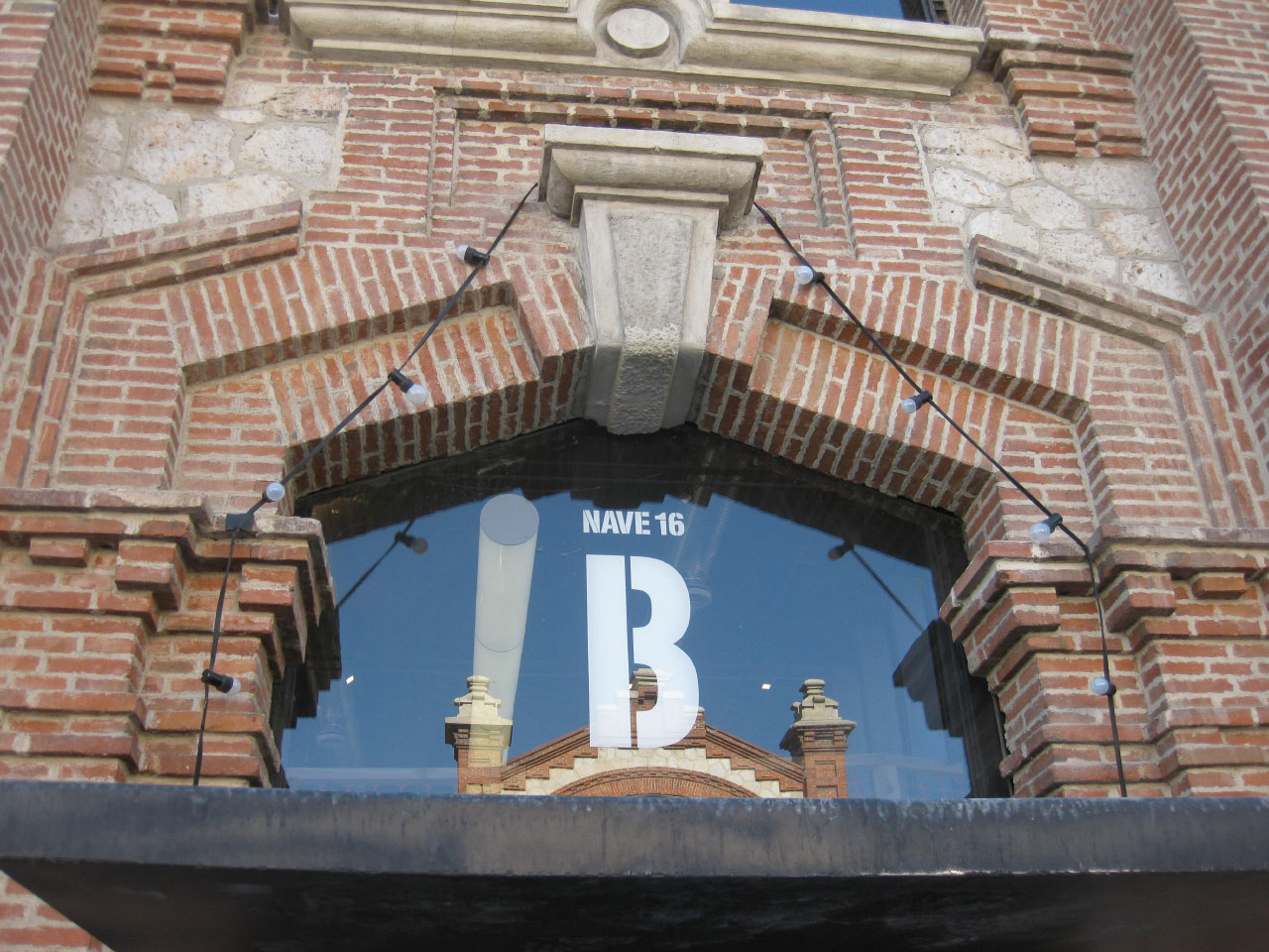 Exterior detail of the renovated Matadero cultural center in Madrid, Spain