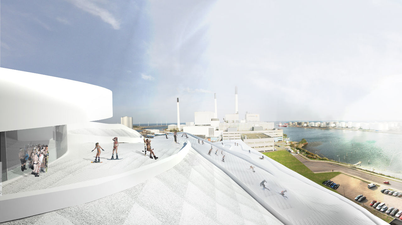 Copenhagen's Amager Waste-to-Energy facility roof ski slope rendering by Bjarke Ingels Group (BIG)