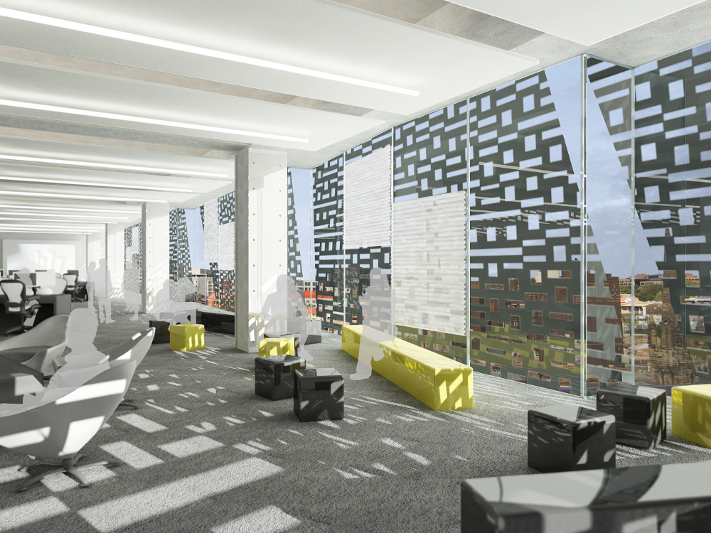 Interior rendering of The University of Technology Sydney, Australia's Broadway Building by Denton Corker Marshall Architects