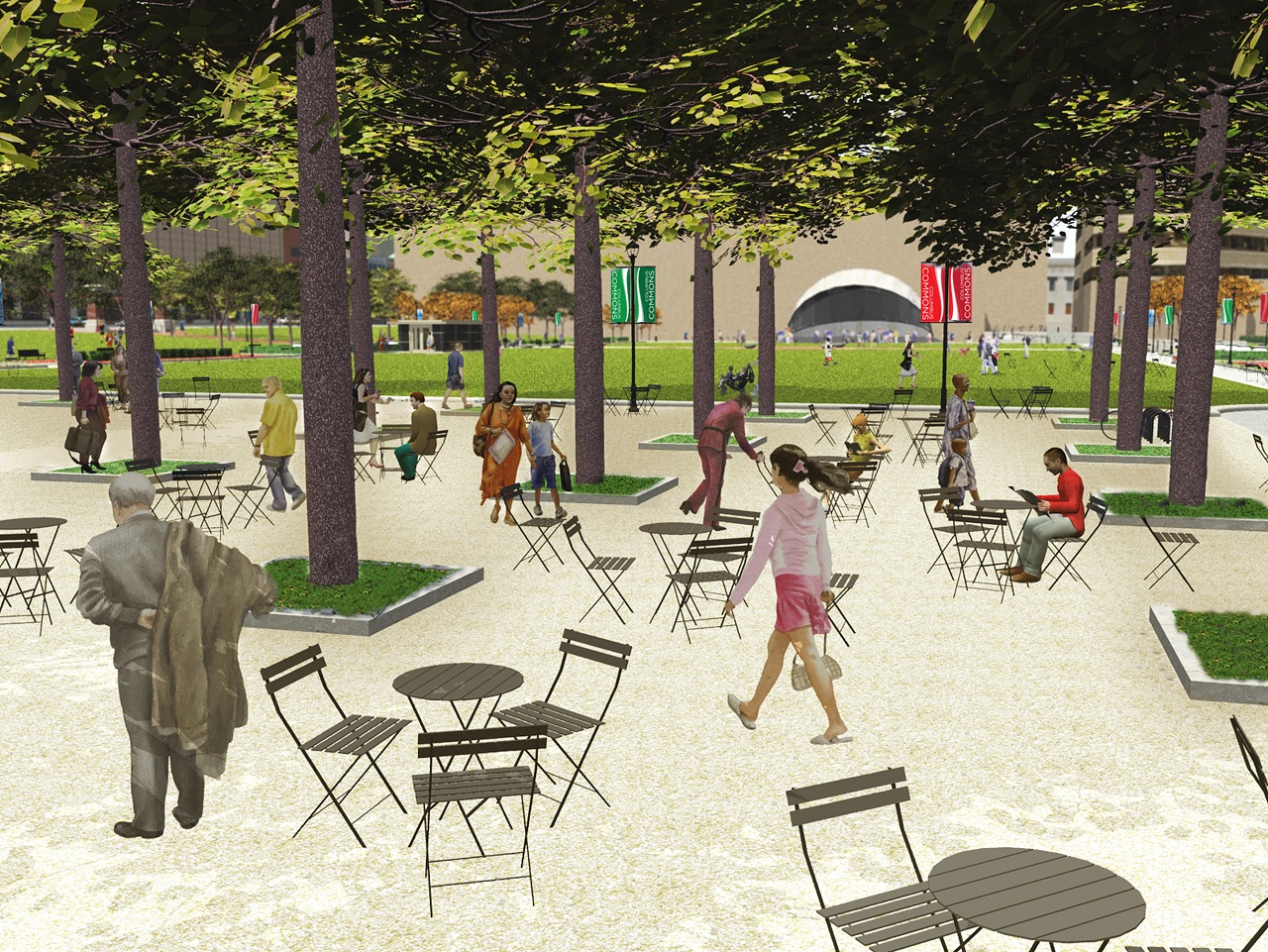 Rendering of downtown's Columbus Commons seating area