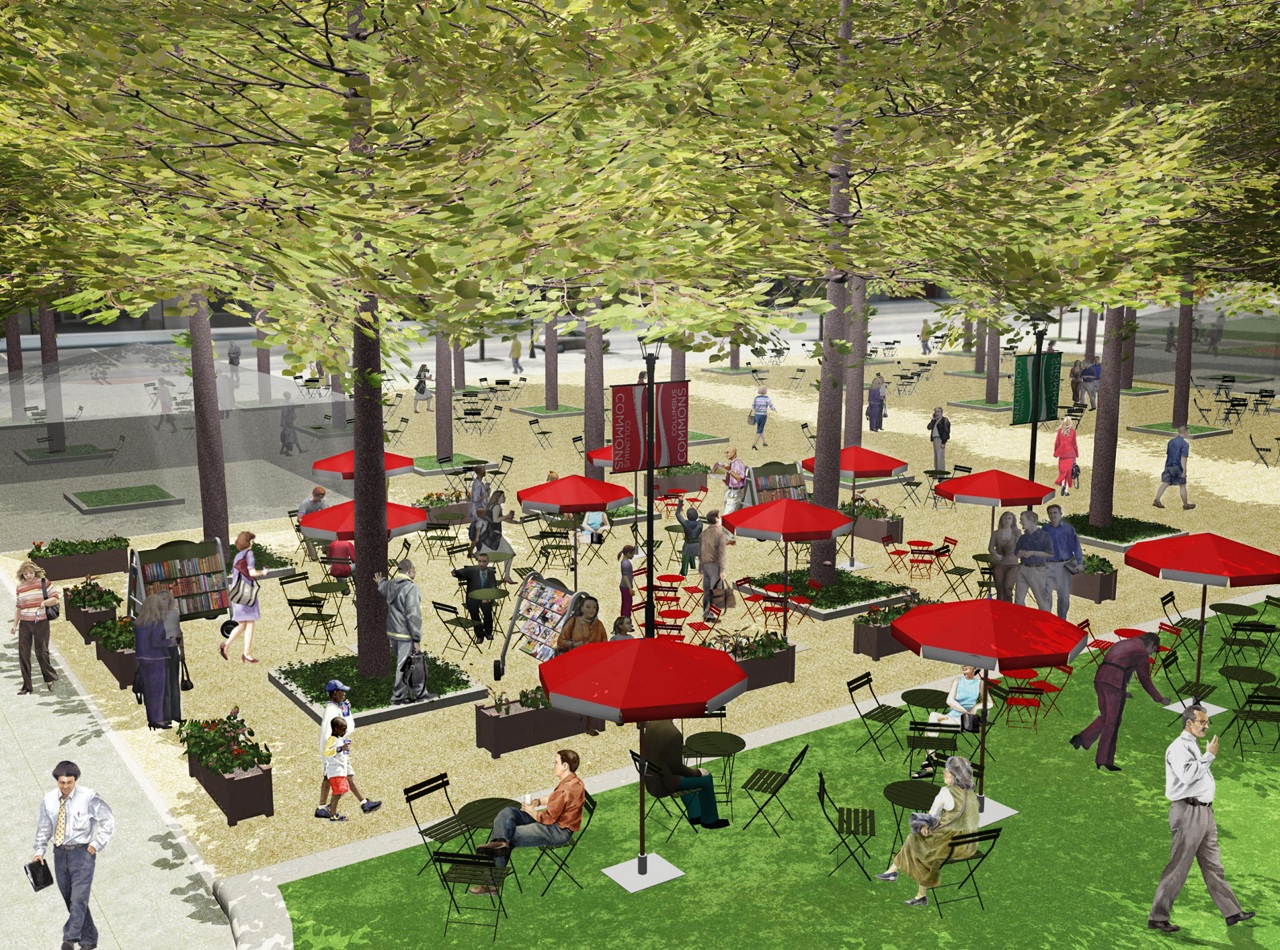 Rendering of downtown's Columbus Commons seating area