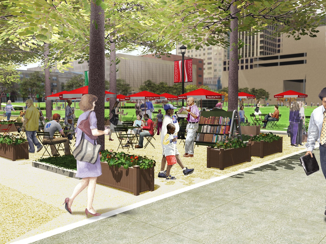 Rendering of downtown's Columbus Commons seating area
