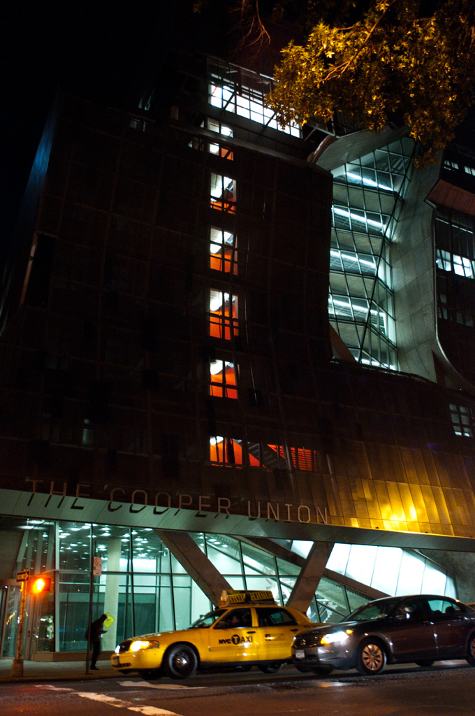 Night view of The Cooper Union for the Advancement of Science and Art in New York City by Morphosis Architects