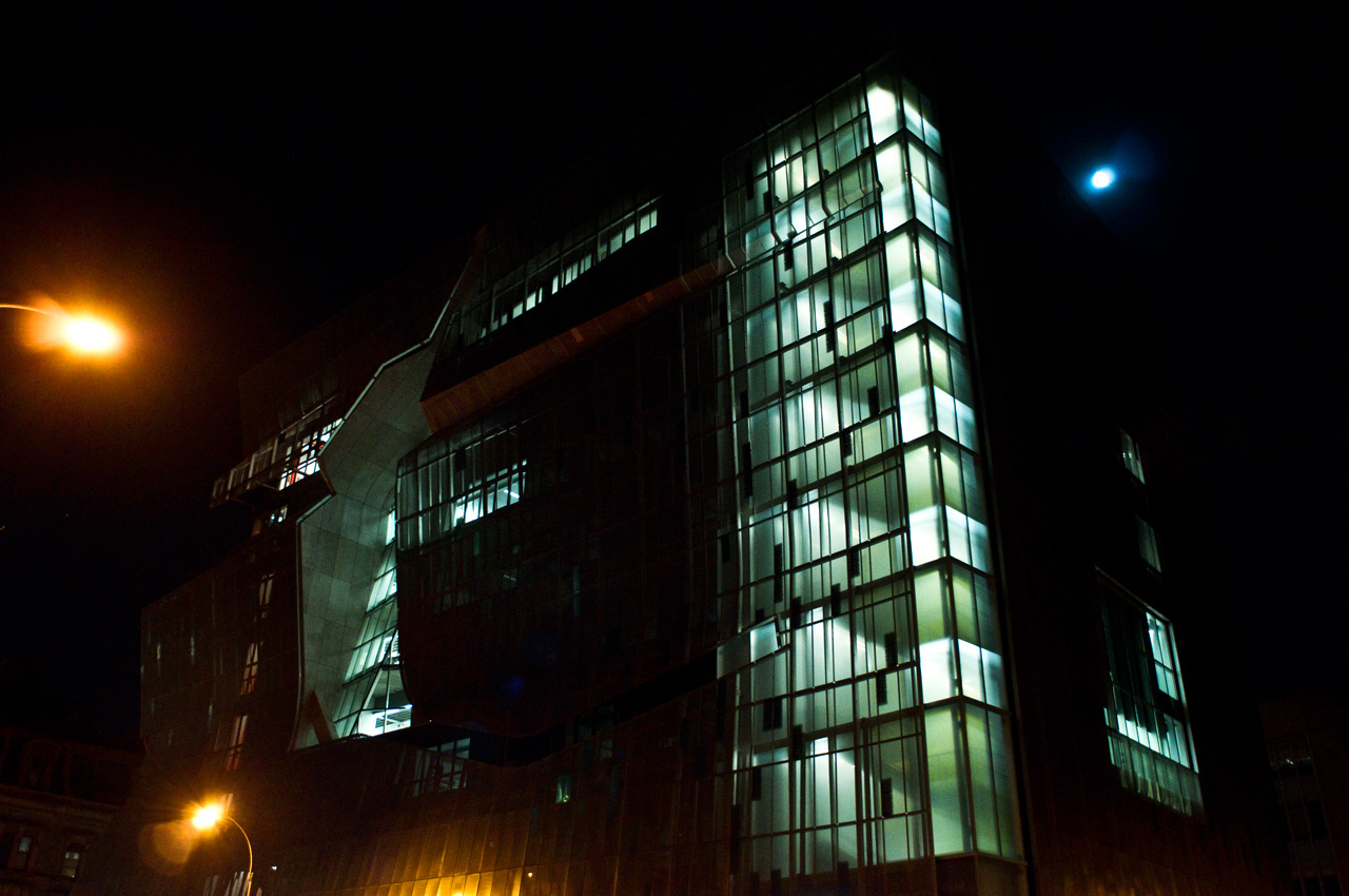 The Cooper Union for the Advancement of Science and Art in New York City by Morphosis Architects at night