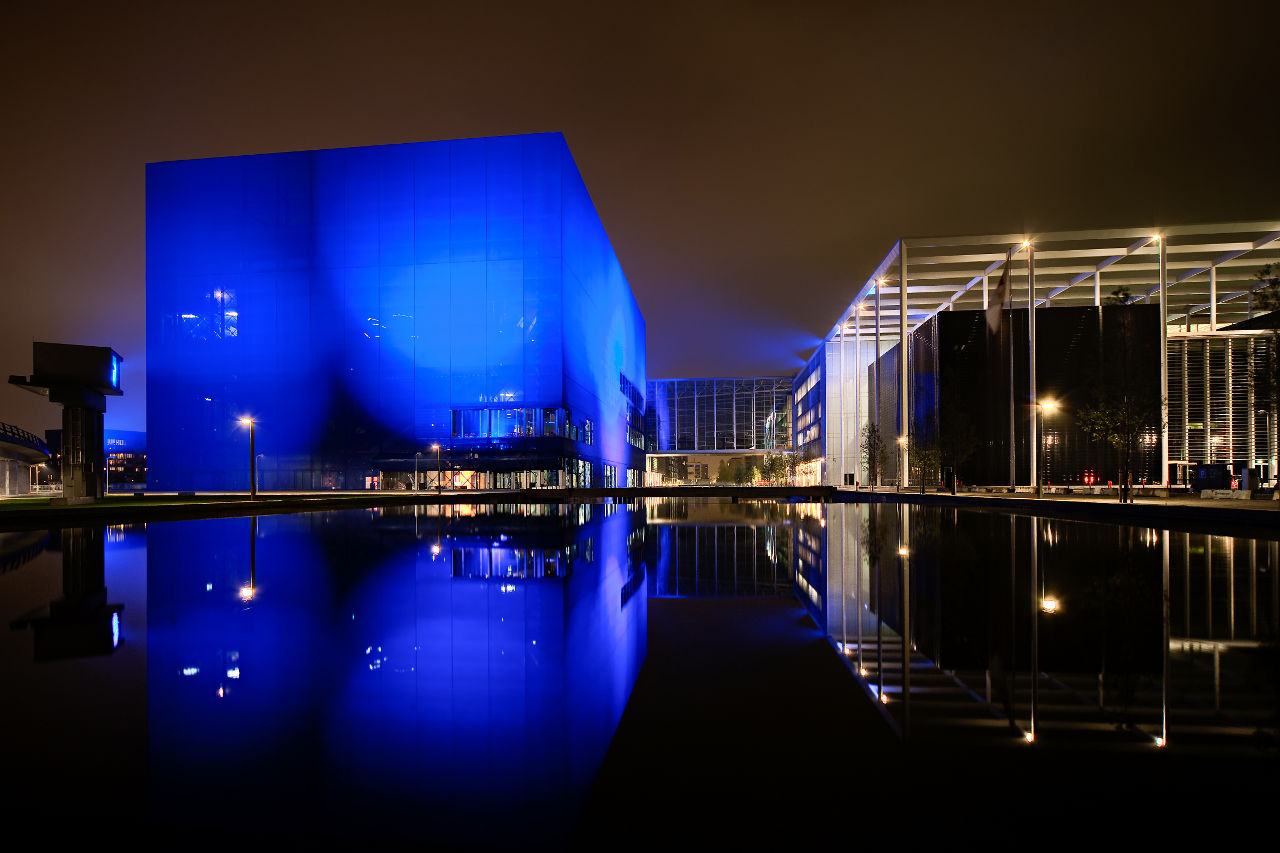 Copenhagen Concert Hall wrapped by a blue fabric screen facade by architect Jean Nouvel