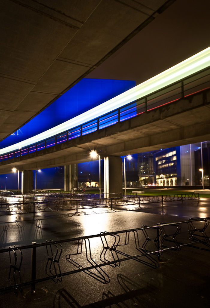 Copenhagen Concert Hall wrapped by a blue fabric screen facade by architect Jean Nouvel