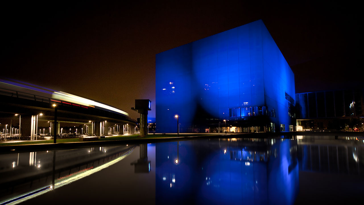 Copenhagen Concert Hall wrapped by a blue fabric screen facade by architect Jean Nouvel