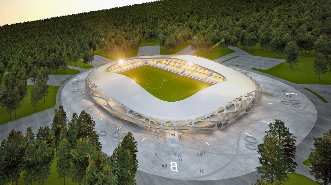 Aerial rendering of the FC Bate Borisov Stadium by Ofis arhitekti