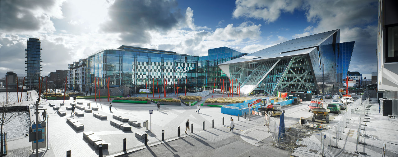 Exterior rendering of Daniel Libeskind's Grand Canal Square Theatre in Dublin, Ireland