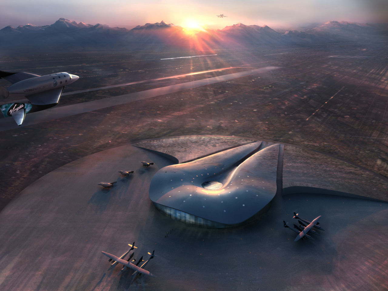 Rendering of Virgin Galactic’s Terminal and Hangar Facility at Spaceport America in New Mexico by Foster + Partners