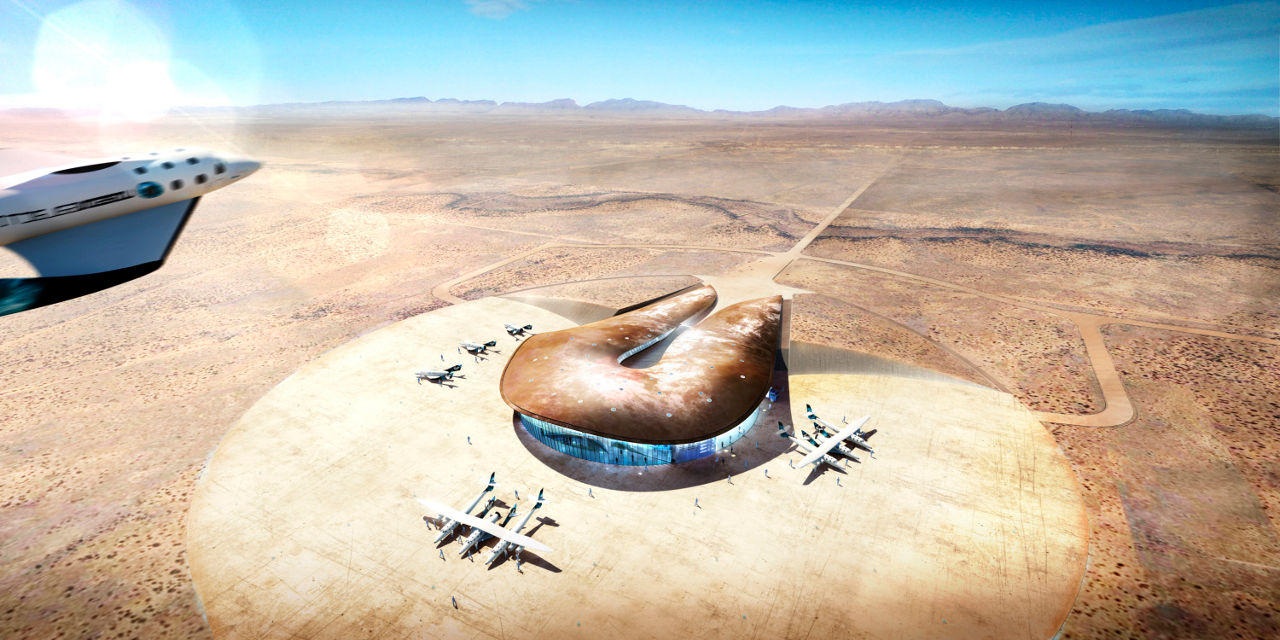 Aerial rendering of Virgin Galactic’s Terminal and Hangar Facility at Spaceport America in New Mexico by Foster + Partners