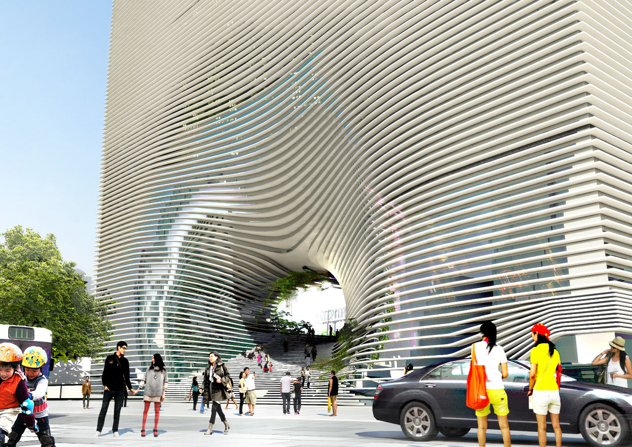Bjarke Ingels Group's (BIG) exterior rendering for the Technology, Entertainment and Knowledge (TEK) Center in Taipei, Taiwan