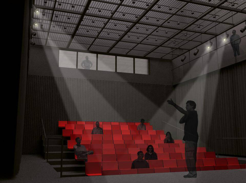Interior rendering of Bowling Green State University's Wolfe Center for the Collaborative Arts by Snohetta