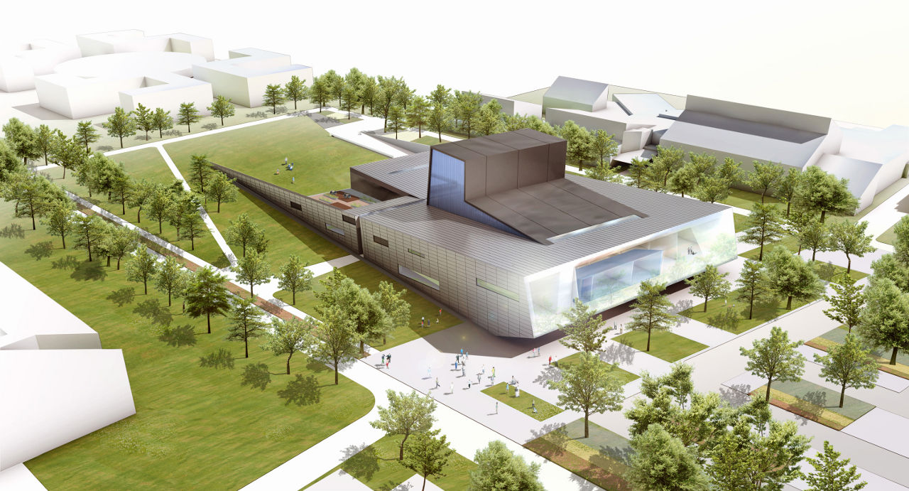 Exterior rendering of Bowling Green State University's Wolfe Center for the Collaborative Arts by Snohetta