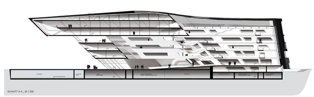 Drawing of Zaha Hadid's Library and Learning Center for the University of Economics and Business in Vienna, Austria