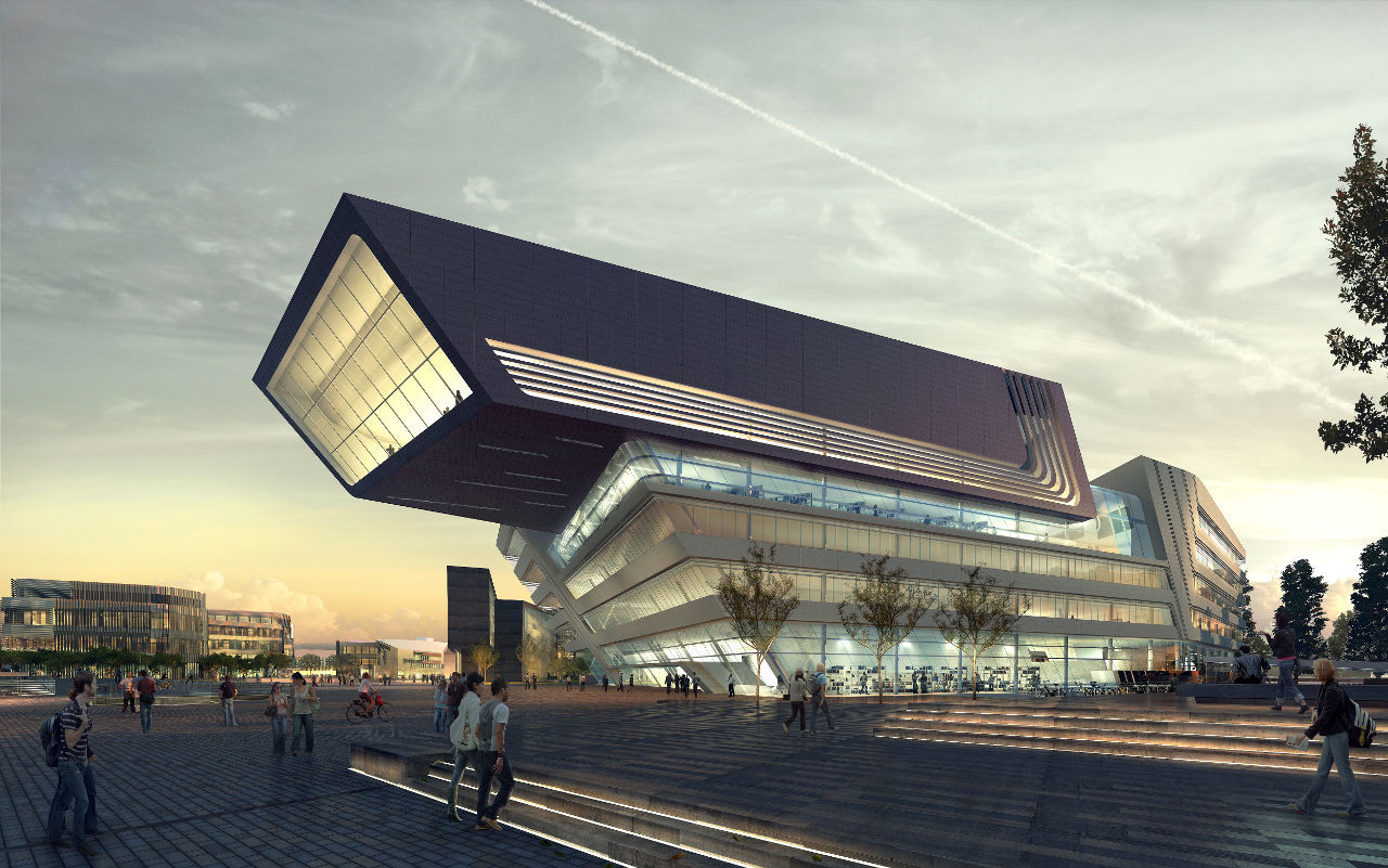 Exterior rendering of Zaha Hadid's Library and Learning Center for the University of Economics and Business in Vienna, Austria