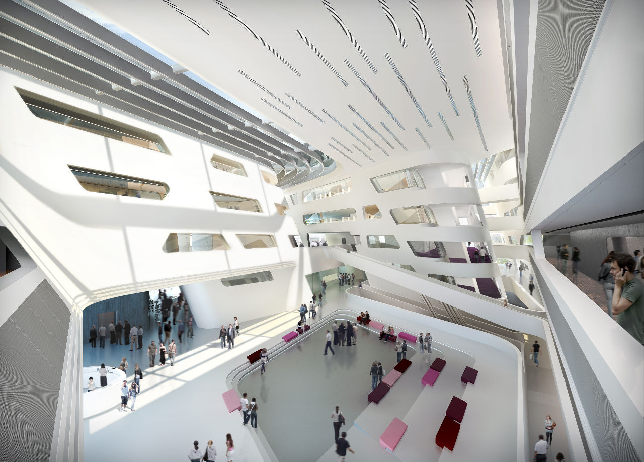 Interior rendering of Zaha Hadid's Library and Learning Center for the University of Economics and Business in Vienna, Austria