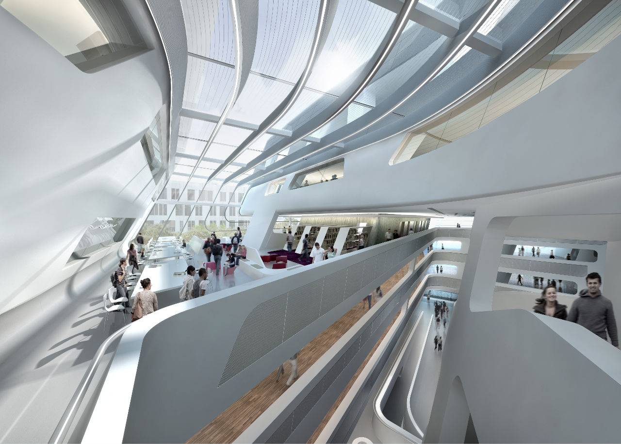 Interior rendering of Zaha Hadid's Library and Learning Center for the University of Economics and Business in Vienna, Austria