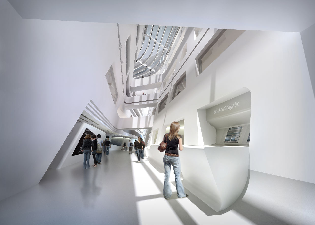 Interior rendering of Zaha Hadid's Library and Learning Center for the University of Economics and Business in Vienna, Austria