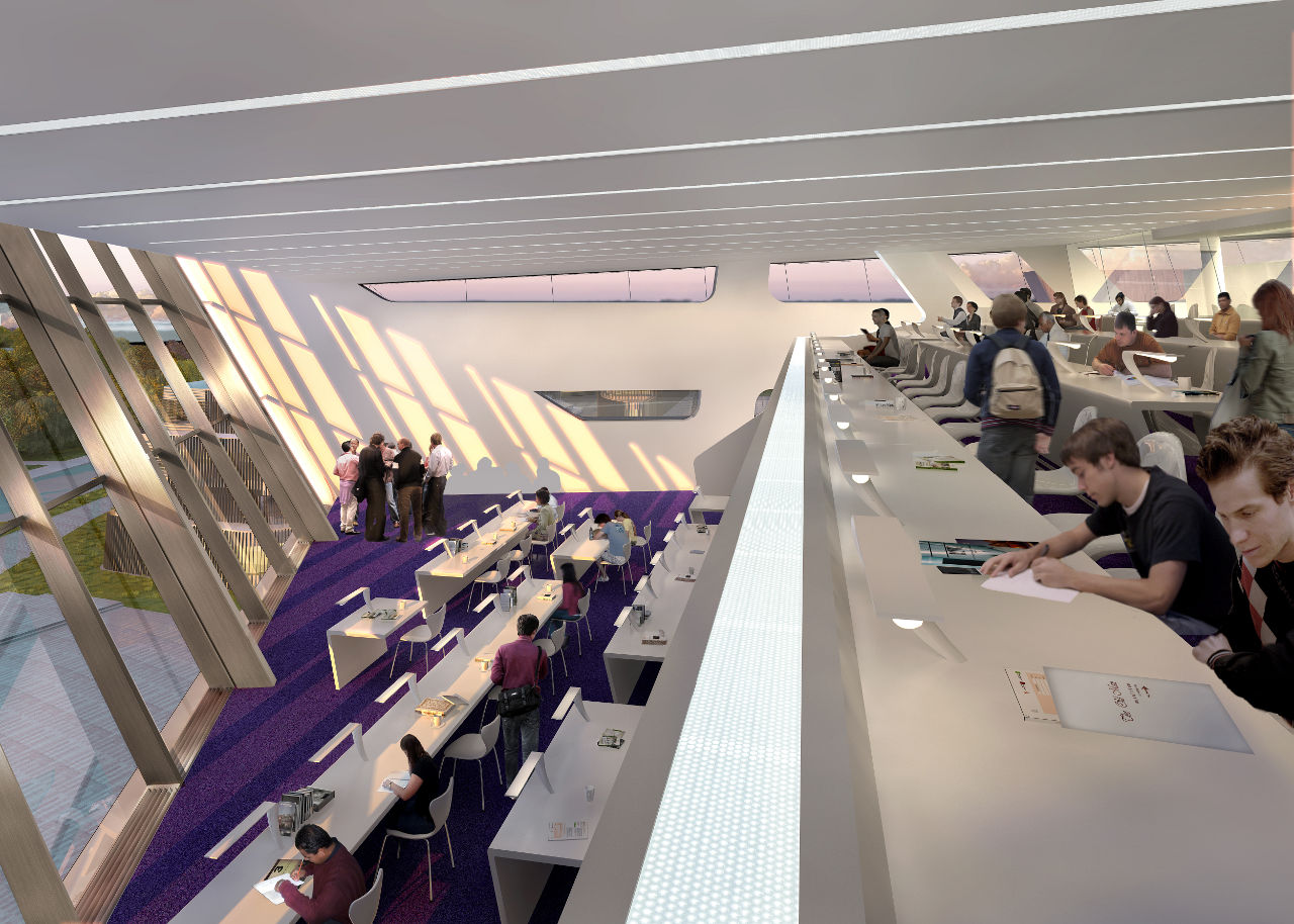 Interior rendering of Zaha Hadid's Library and Learning Center for the University of Economics and Business in Vienna, Austria