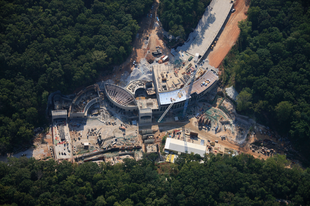 Aerial view of Moshe Safdie's Crystal Bridges Museum of American Art Construction site