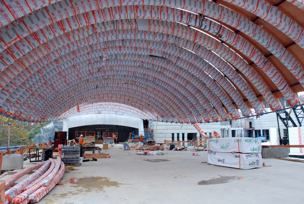 Wrapped timber beams of the Moshe Safdie Crystal Bridges Museum of American Art Construction site