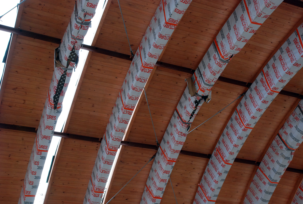Timber beam detail of the Moshe Safdie Crystal Bridges Museum of American Art Construction site