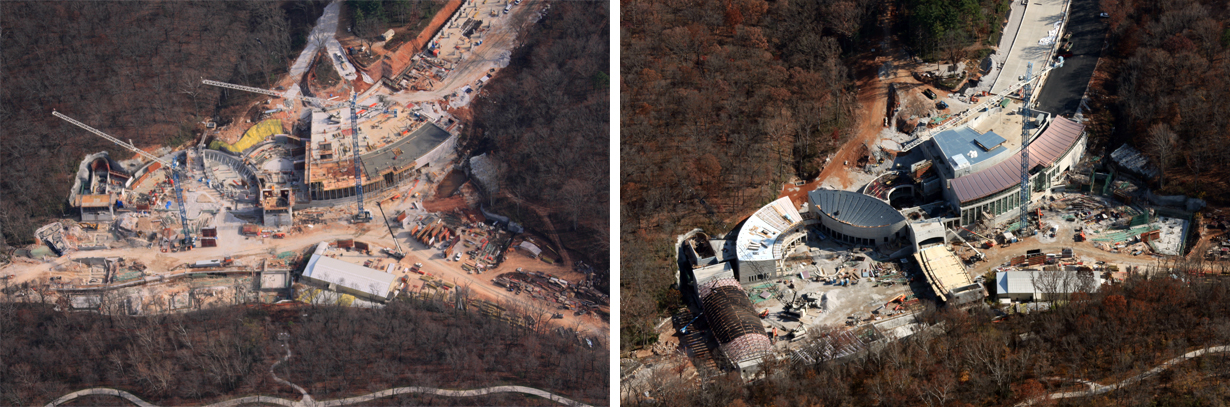 Aerial view of the Moshe Safdie Crystal Bridges Museum of American Art Construction site