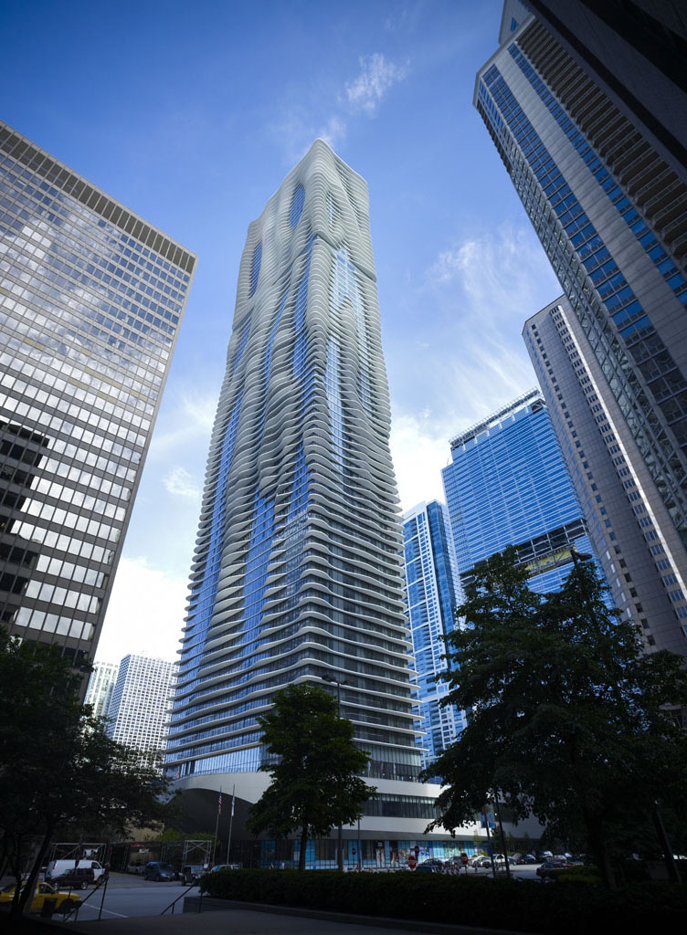 ground view of the The Aqua Tower by Studio Gang Architects
