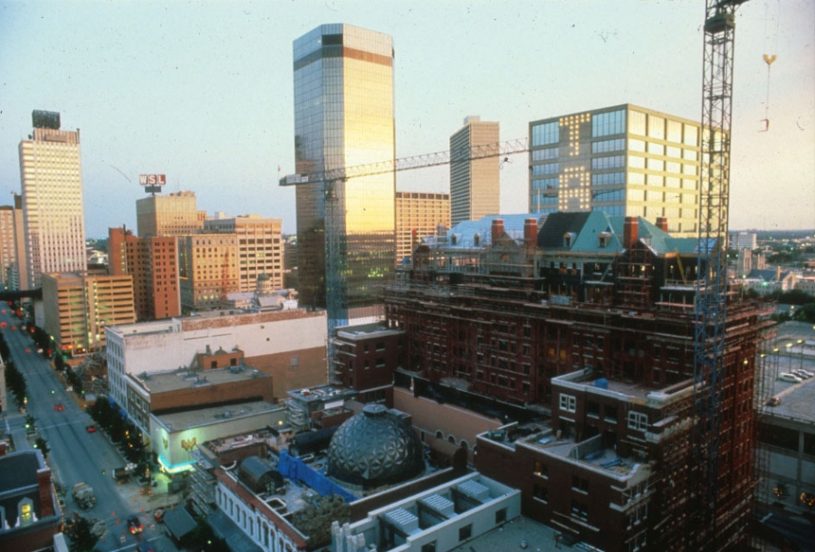 Sundance West under construction in the late 1980s. It was the first new residential building in downtown since WWII. 