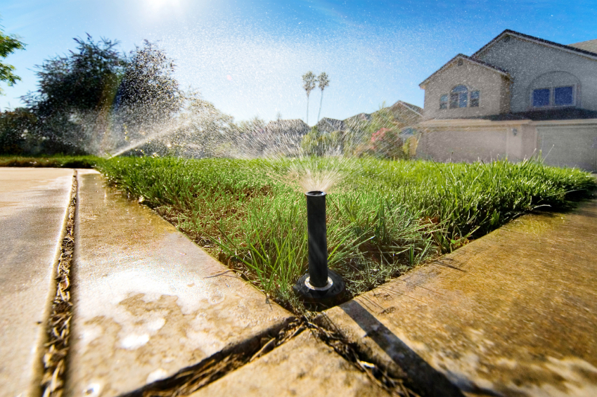 ground view of an automatic lawn sprinkler