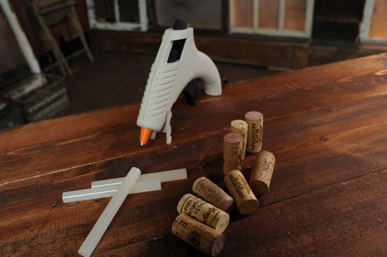 glue gun and wine corks for the DIY coasters