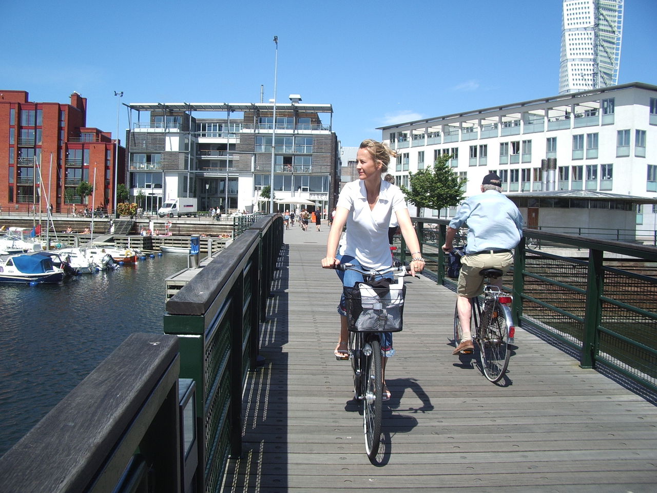 Cycling through the Bo01 District of Malmo, Sweden