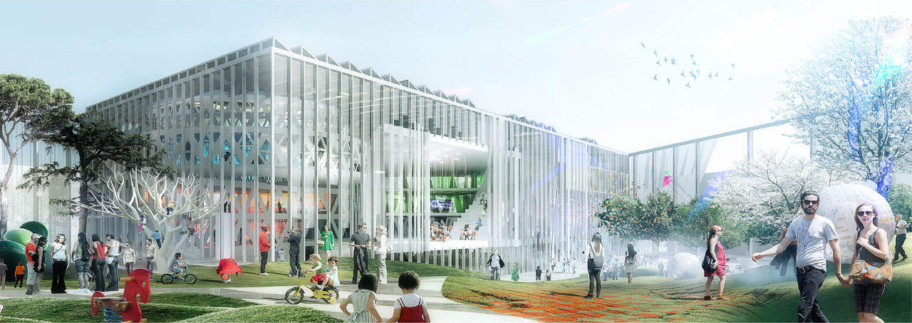 Exterior rendering of KU.BE or House of Culture and Movement in Copenhagen by Adept and MVRDV