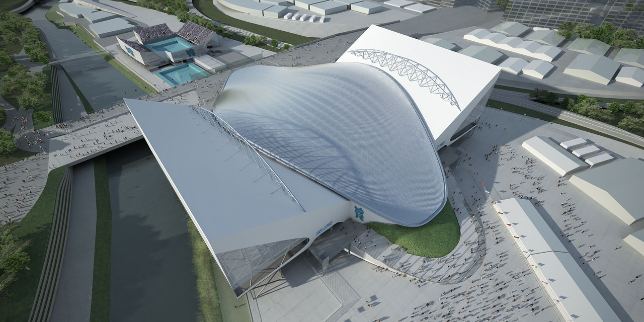 Aerial view of Zaha Hadid's Aquatics Centre for the 2012 Olympic Games in London