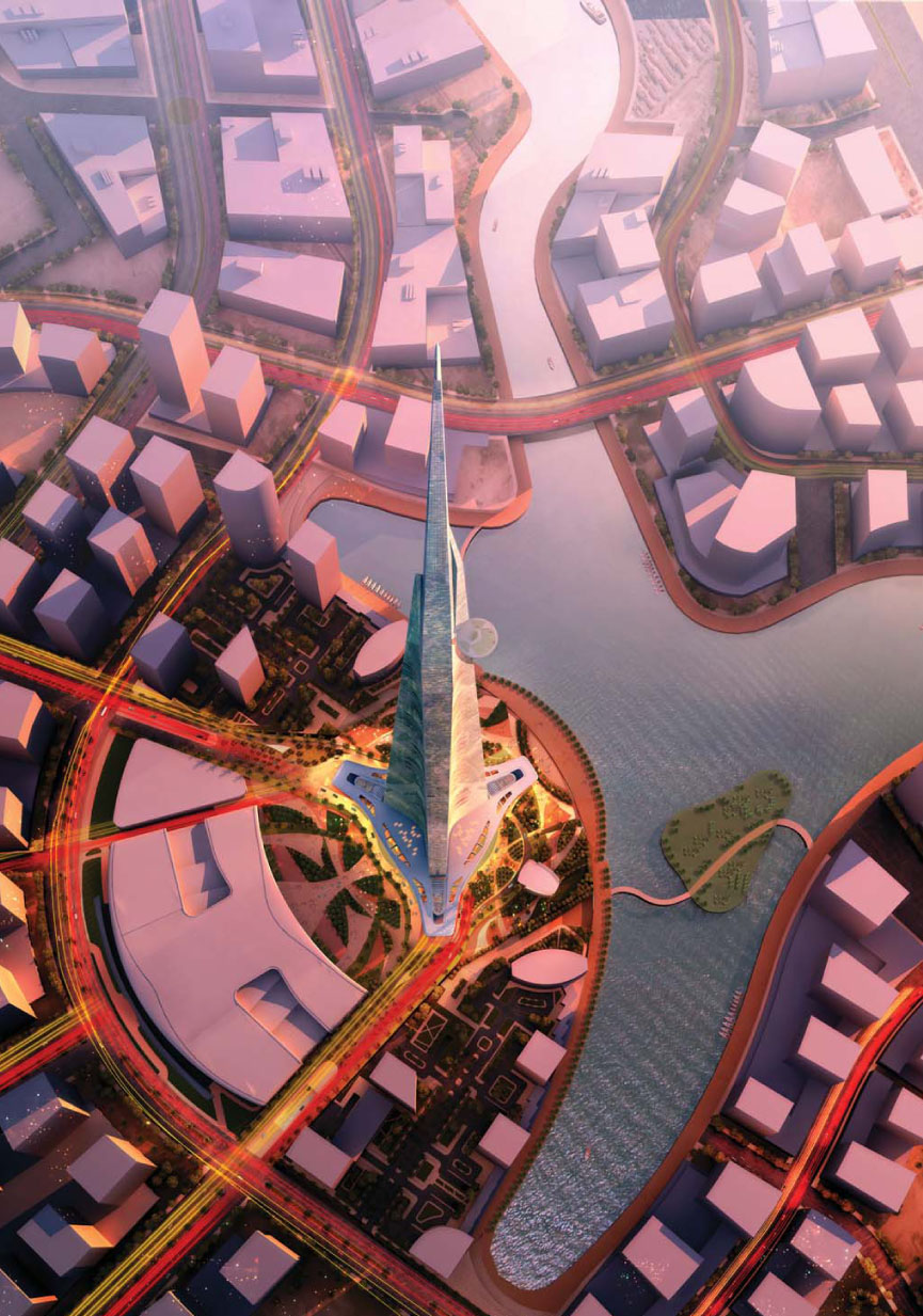 Aerial rendering of The Kingdom Tower in Jeddah, Saudi Arabia designed by Adrian Smith + Gordon Gill Architecture