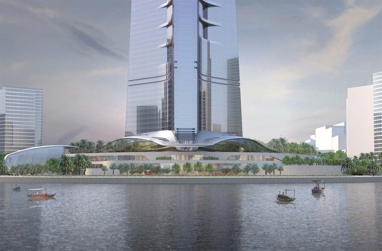 Exterior rendering of The Kingdom Tower in Jeddah, Saudi Arabia designed by Adrian Smith + Gordon Gill Architecture