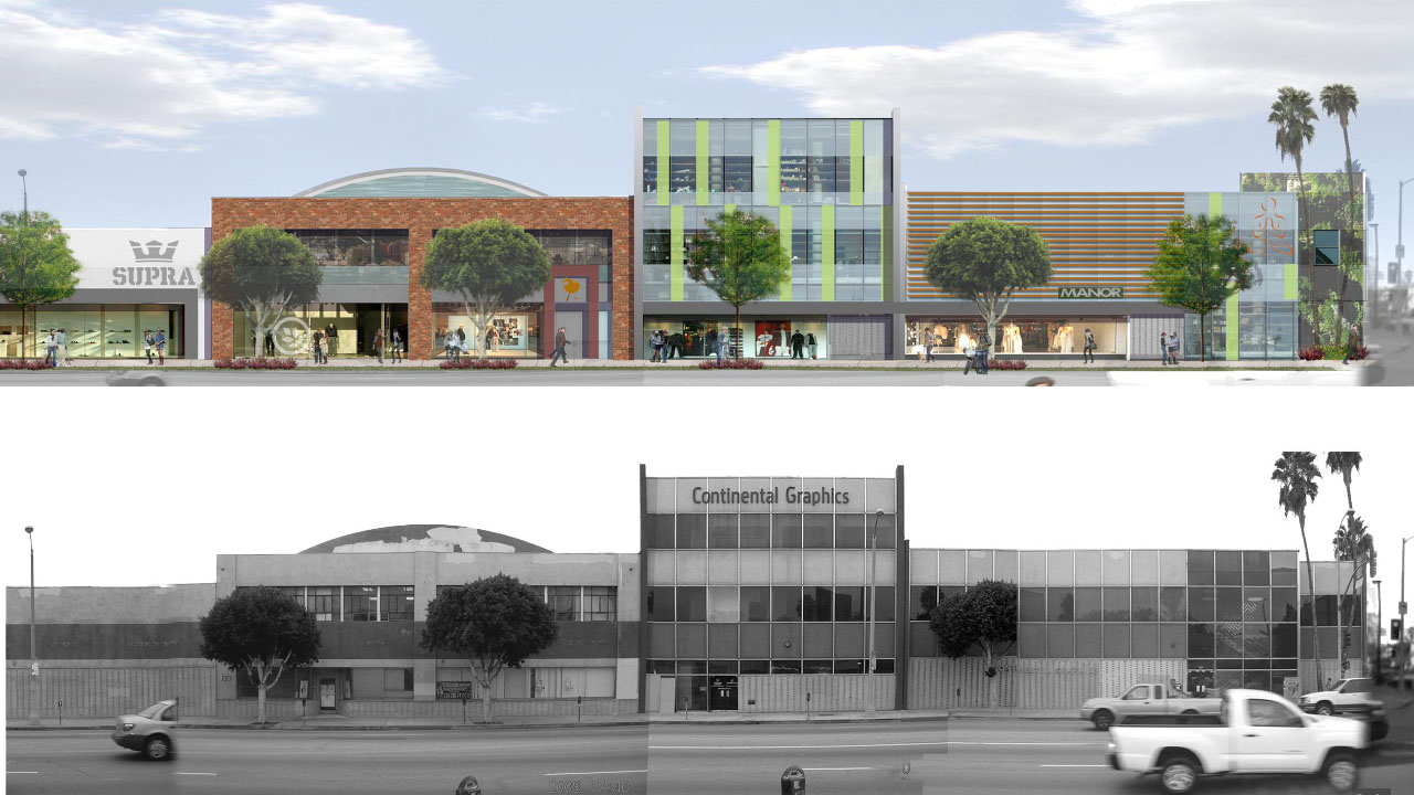 Before and after of the revitalized Continental Graphics building rehabilitated by Studio One Eleven