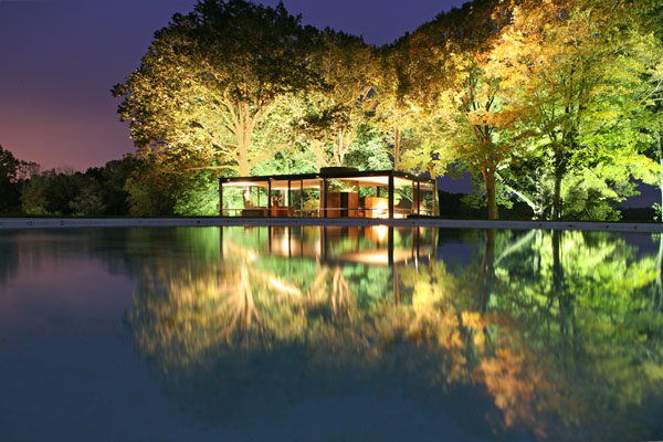 Architect Philip Johnson's iconic Glass House at dawn.