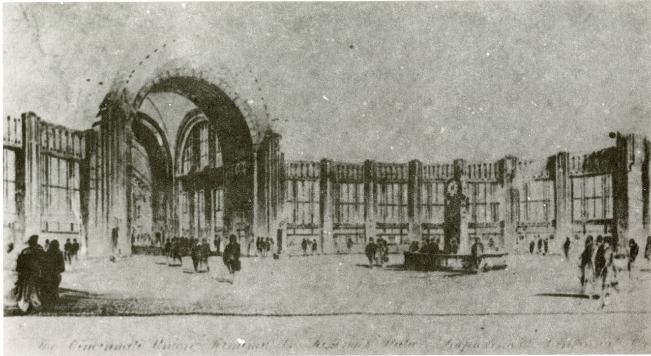 Cincinnati Union Terminal proposed classical design with pillars, cornices, pilasters and pedestals