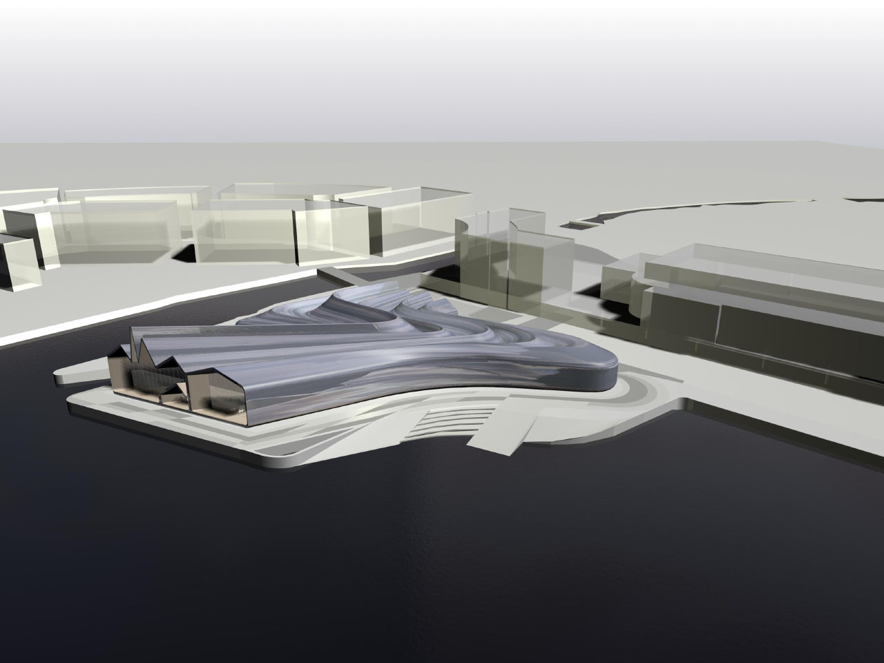 Zaha Hadid Architects’ Riverside Museum of Transport and Travel aerial rendering